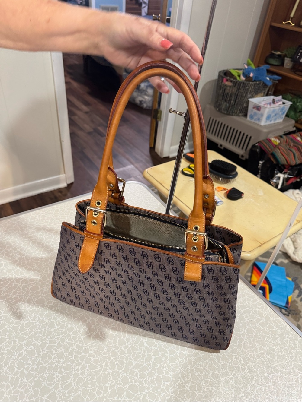 Dooney & Bourke Brown Monogram Shoulder Bag with Tan Leather Handles